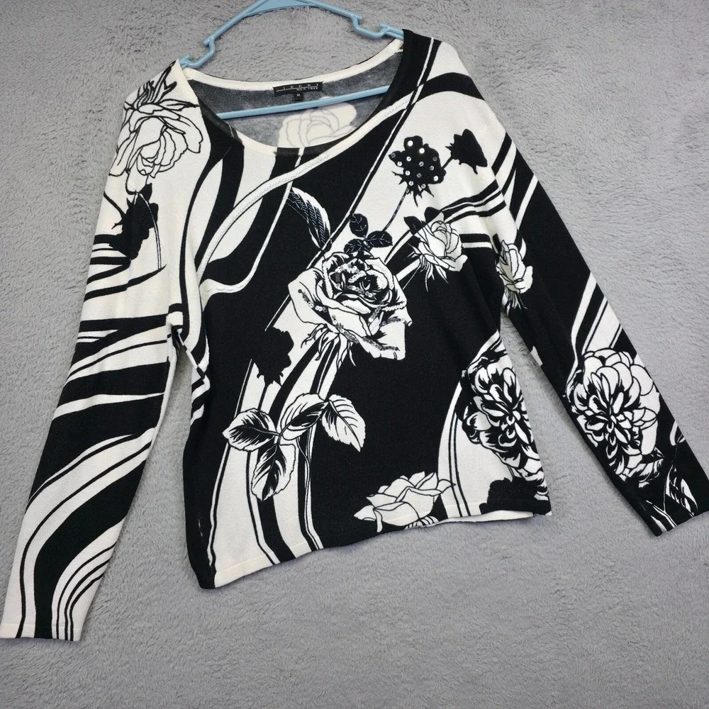 Pierri NY Sweater Womens M Black White‎ Floral Sequin Beaded Monochrome Elegant